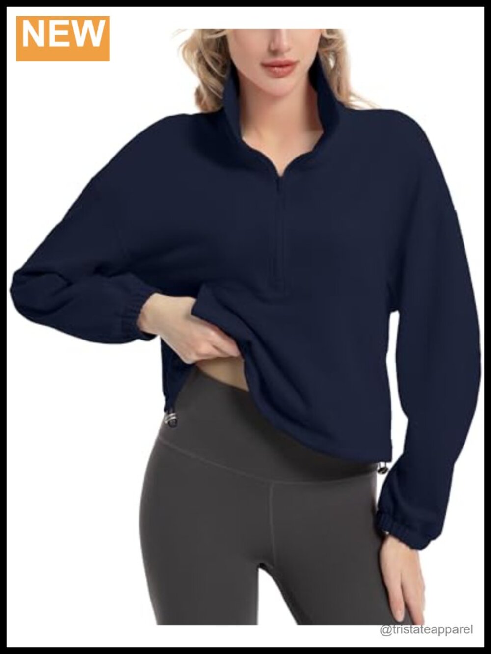 Quarter Zip Cropped Pullover Stand Collar Drawstring Sweatshirt Crop Top